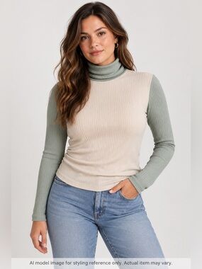 Madewell Colorblock Ribbed Turtleneck Top Size Medium Sage Cream